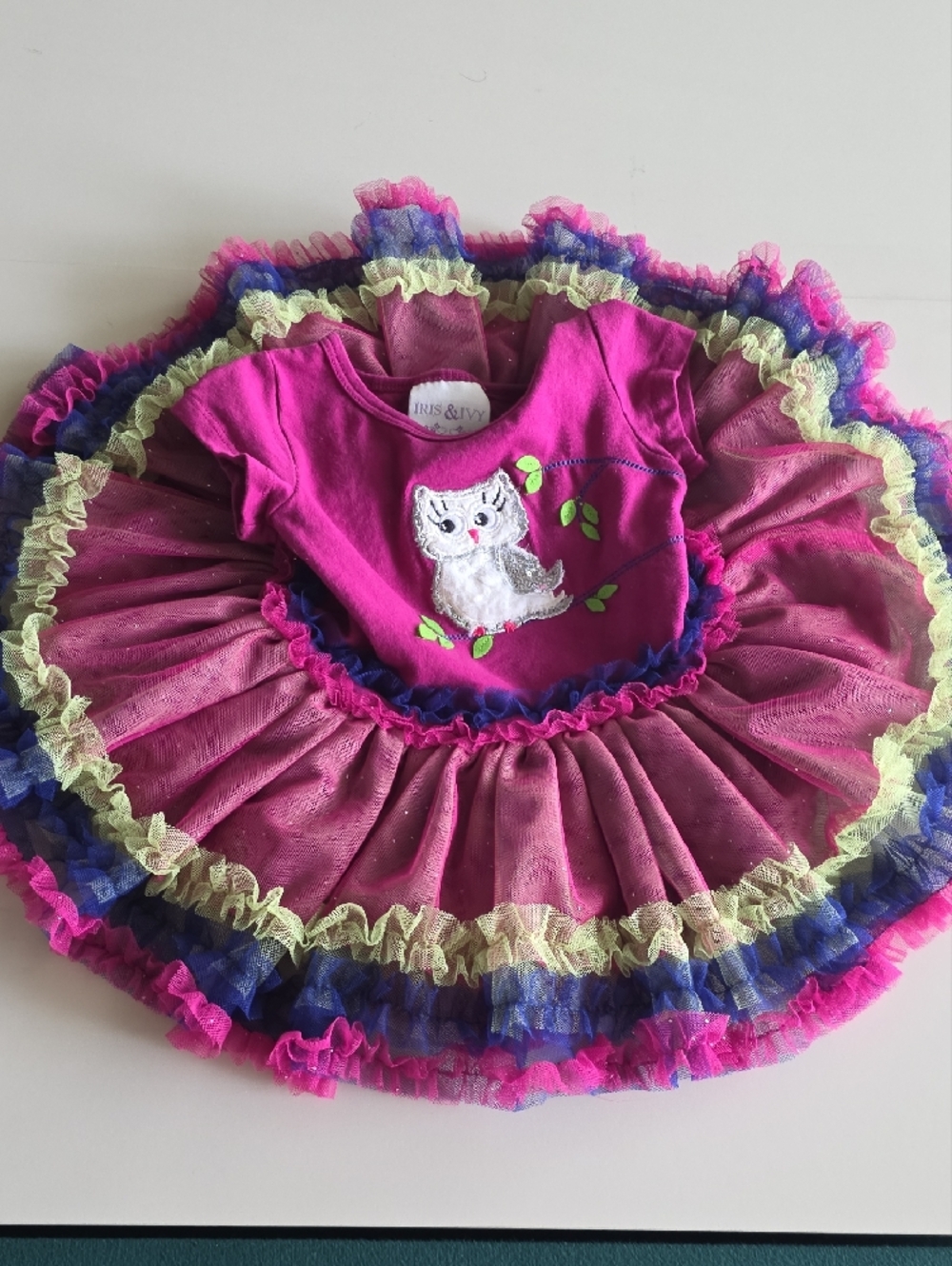 iris & ivy Hot Pink Kitty Tutu Dress with Pink, Purple, Yellow Ruffles